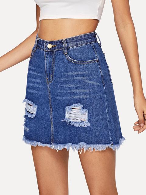 Ripped Raw Hem Denim Skirt