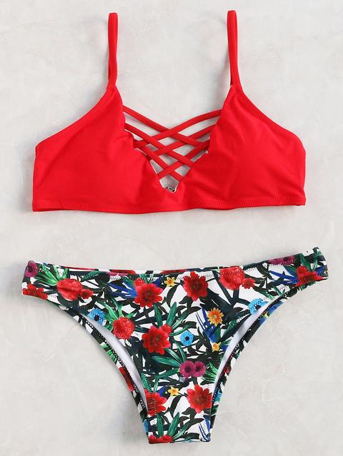 Sets De Bikini Con Estampado Floral Cruzados - Rojo