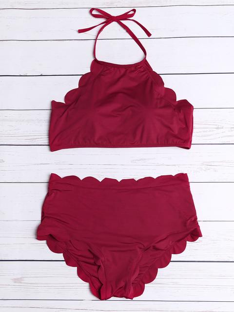 Burgundy Scalloped Trim Halter Bikini Set