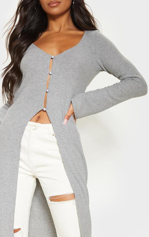 Grey Brushed Rib Button Long Sleeve Longline Top