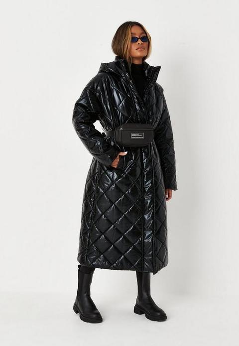 Black Quilted Hooded Longline Puffer Coat, Black