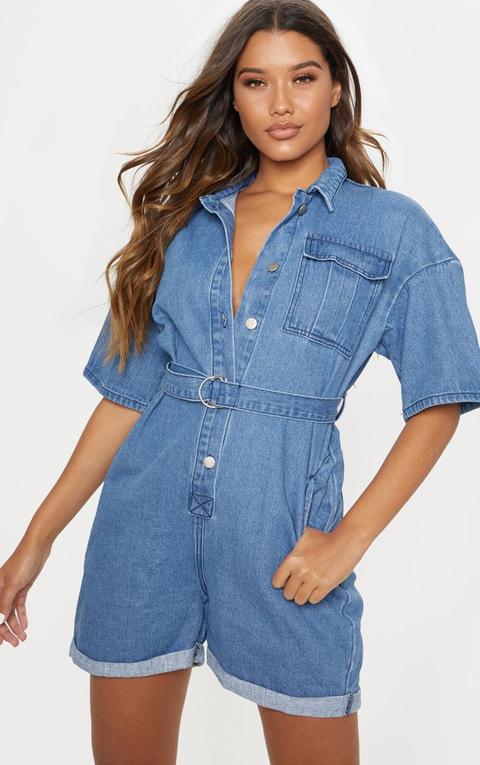 Light Wash Shorts Denim Playsuit, Light Blue Wash