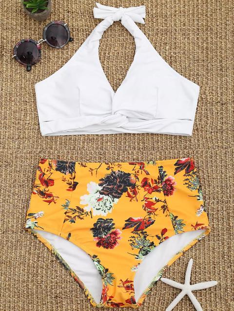 Costume Da Bagno Floreale A Vita Alta A Torsione Frontale White