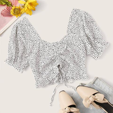 Speckled Print Ruched Drawstring Crop Top