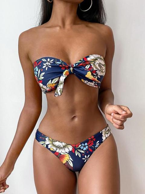 Zaful Knot Floral Bandeau Bikini Set Lapis Blue Mauve Sandy Brown