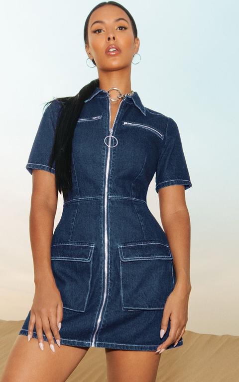 Mid Wash Zip Detail Denim Bodycon Dress