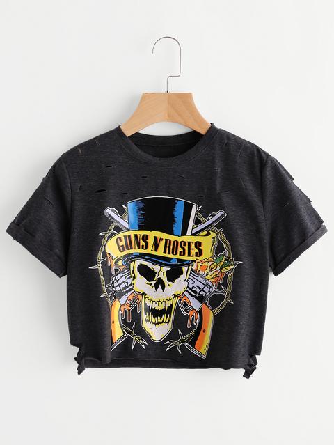 Grey Skull Stampa Strappato Particolare Crop Tshirt