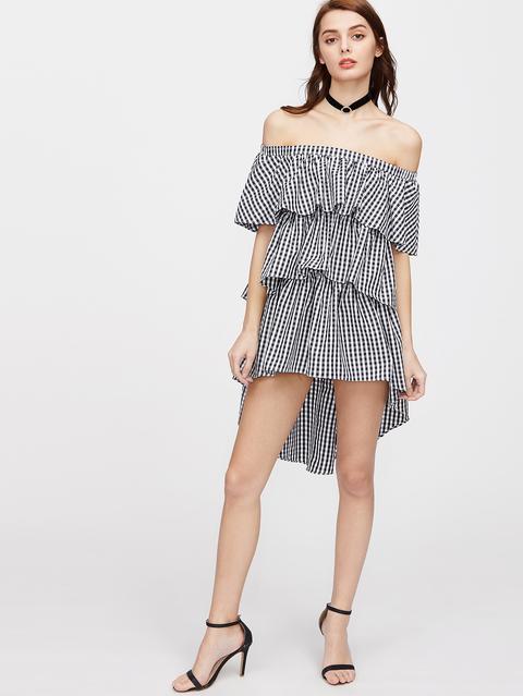 Off Shoulder Checkered High Low Layered Dress