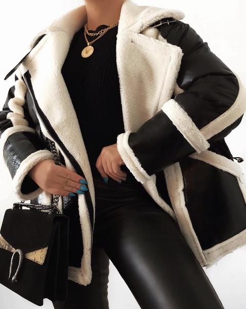 Black And White Puffer Aviator Coat With Fur Trims