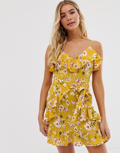 Boohoo Cami Mini Dress With Ruffle Trims In Yellow Floral
