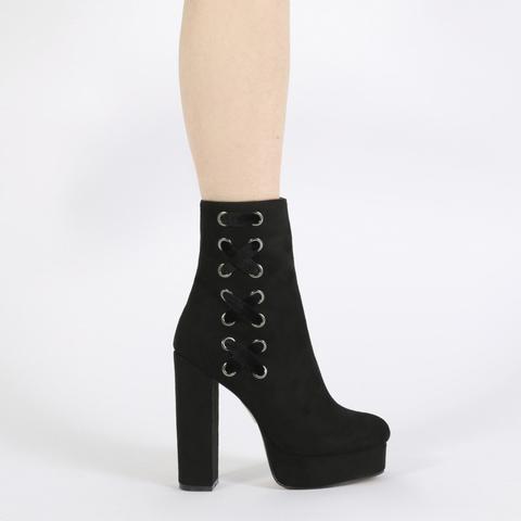 Alisha Velvet Lace Up Platform Ankle Boots In Black Faux Suede
