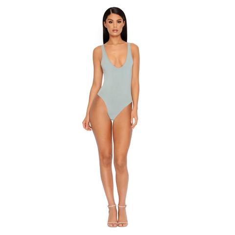 Body Talk Double Layered Plunge Neck Bodysuit In Sage Green