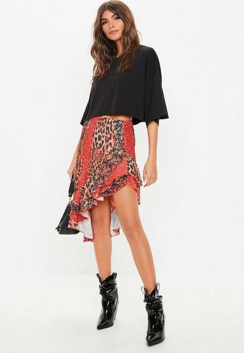 red animal midi skirt