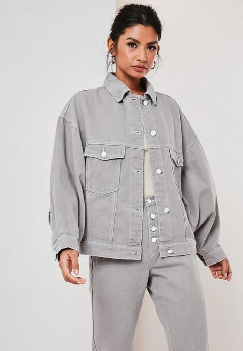 Grey Co Ord Oversized 80s Batwing Denim Jacket, Grey