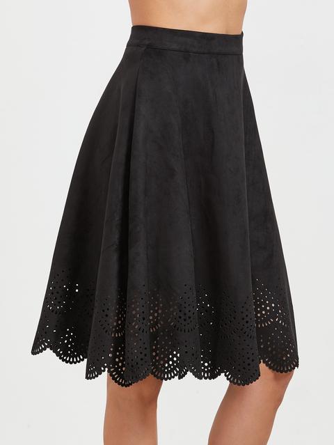 Black Suede Laser Cutout Midi Skirt