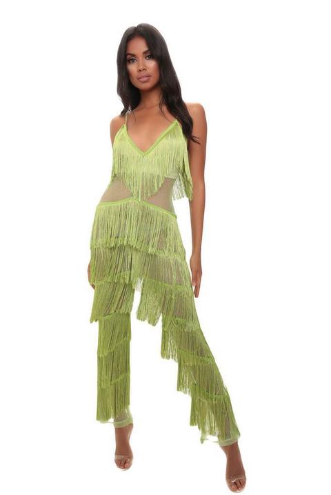 Khaki Mesh Fringe Jumpsuit