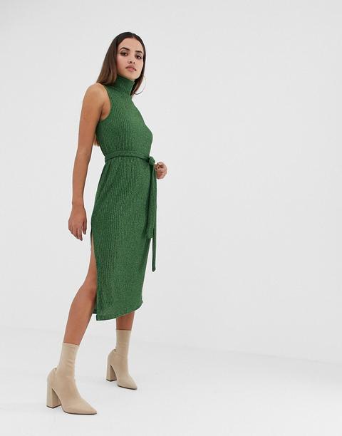 Asos Design - Vestito Midi Accollato A Coste Mélange Con Cintura In Tessuto - Verde