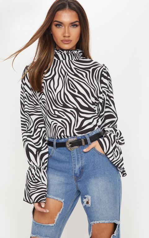 Mono Zebra Flute Sleeve High Neck Top