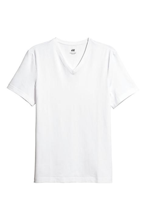 H & M - T-shirt Scollo A V Slim Fit - Bianco