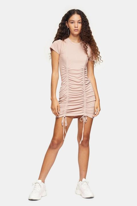 Toffee Cupro Ruched Ribbed Mini Dress