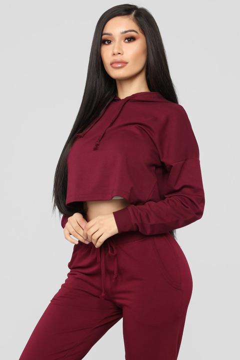 Latest And Greatest French Terry Crop Hoodie - Burgundy