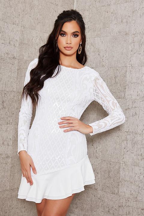 White Sequin Mesh Low Back Frill Bodycon Dress
