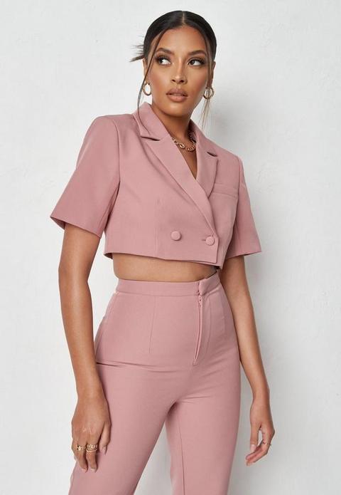 Pink Co Ord Tailored Cropped Short Sleeve Blazer, Pink