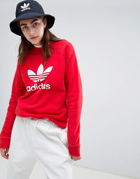 Adidas Originals - Felpa Girocollo Con Trifoglio Rossa - Rosso