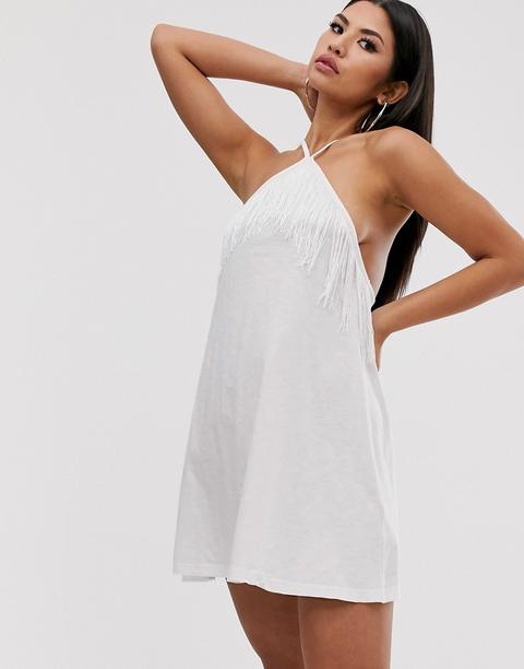 Vestido Veraniego De Playa Con Cuello Halter Y Detalle De Flecos En Tejido De Punto De Asos Design-blanco