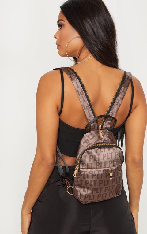 Prettylittlething Brown Logo Satin Backpack