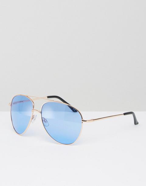 Gafas De Sol De Aviador De Metal En Dorado Con Detalle De Barra En La Parte Superior Y Lentes Azules De Asos