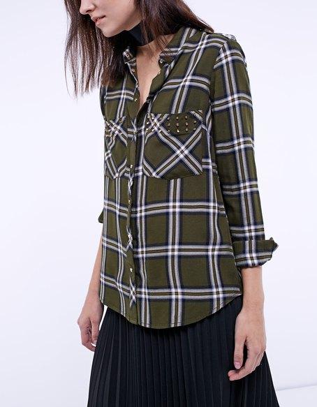 Camicia A Quadri Con Borchie Kaki