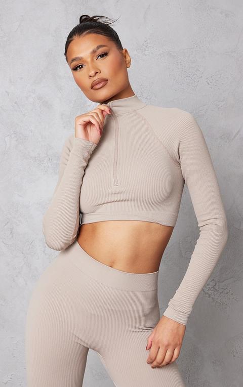 Stone Contour Rib Zip High Neck Long Sleeve Crop Top