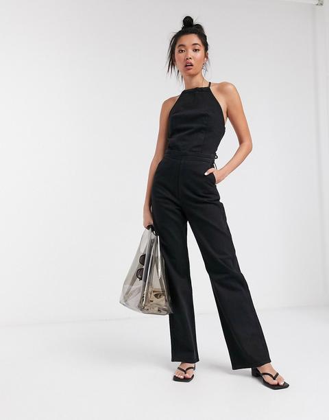 Weekday Alton Lace-up Back Denim Jumpsuit In Washed Black