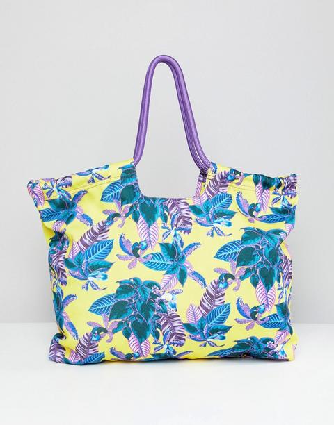 Monki - Borsa Da Spiaggia Gialla Con Stampa Tropicale - Giallo