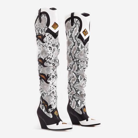 Molly Embroidered Western Thigh High Long Boot In Grey Snake Print Faux Leather, Grey