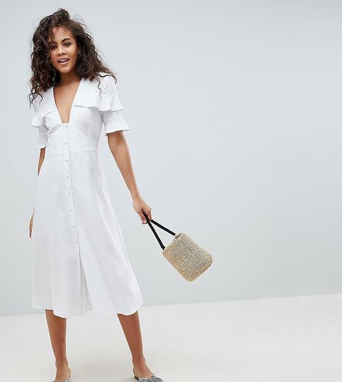 Asos Design Tall - Vestito Da Giorno Midi Casual In Lino Con Bottoni - Bianco