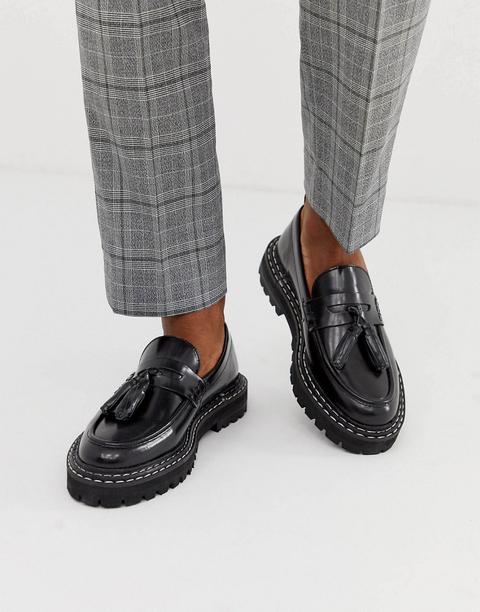 Asos Design Loafers In Black Leather With Chunky Sole And Contrast Stitch