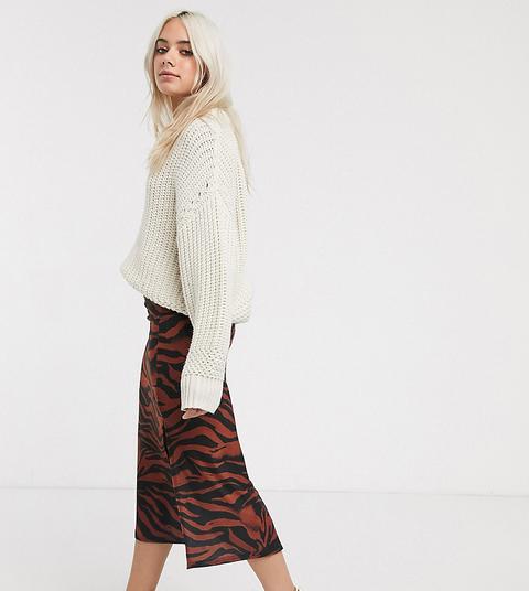 Asos Design Petite Jersey Midi Bias Skirt With Split In Zebra Print-multi