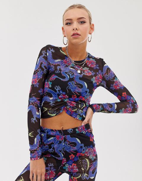 Asos Design Co-ord Mesh Crop Top In Bright Dragon Print With Ruched Front-multi