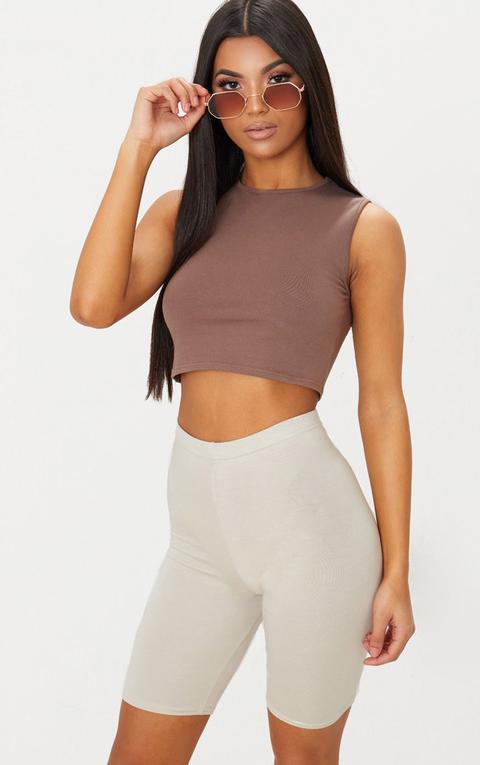 Brown Cotton Stretch Crew Neck Crop Top