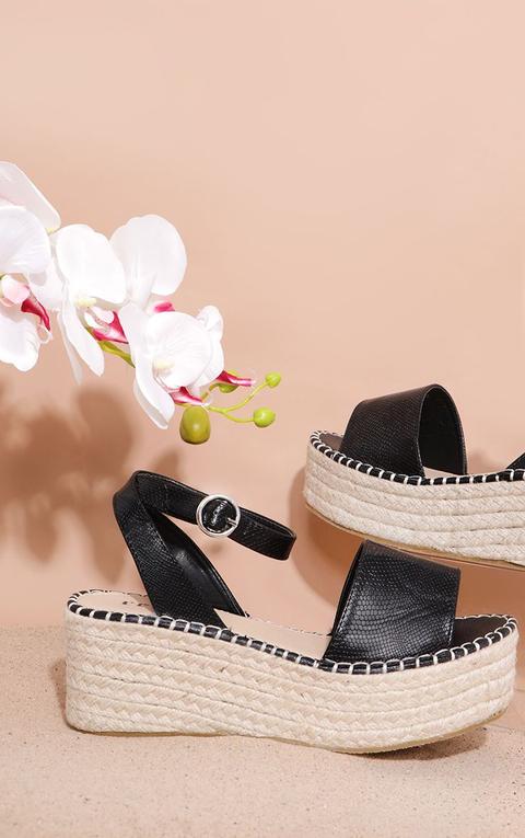 Black Snake Embossed Espadrille Flatform Sandal
