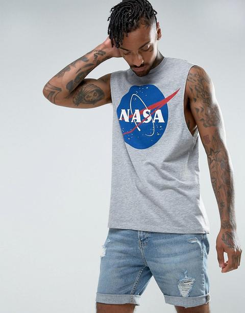 "asos - T-shirt Senza Maniche Con Giromanica Ampio E Scritta "nasa" - Grigio