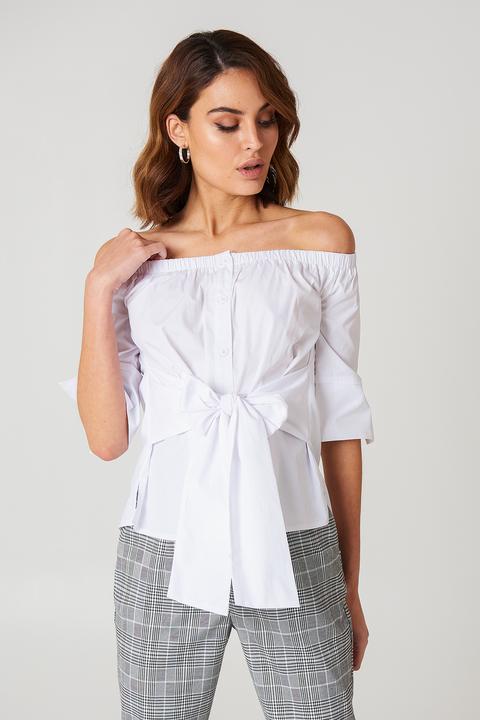 Off Shoulder Tie Waist Shirt White