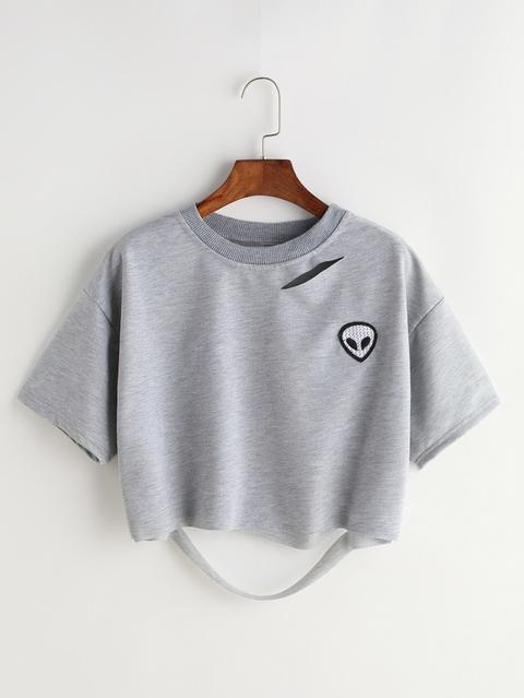 Grey Alien Patch Ripped Crop T-shirt