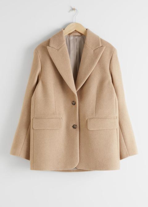 Oversized Wool Blend Tailored Blazer - Brown
