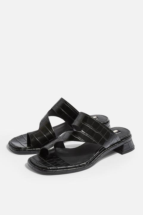 Womens Noah Vegan Black Crocodile Low Toe Loop Sandals - Black, Black