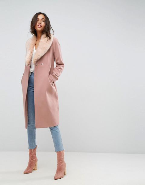 Asos - Cappotto Midi A Pieghe Con Bordi In Pelliccia Sintetica - Rosa