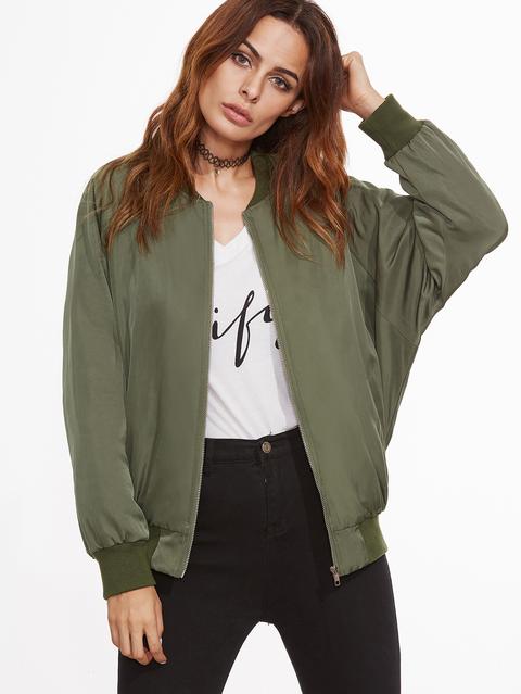 Giacca Bomber Patch Lettere Maniche A Raglan - Verde D'oliva