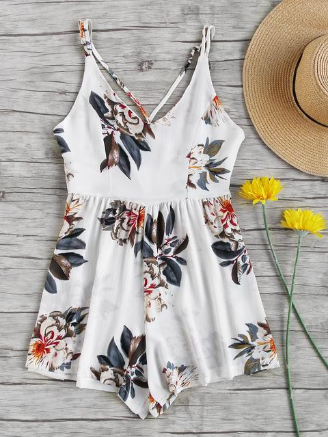 Floral Print Random Strappy Detail Cami Romper